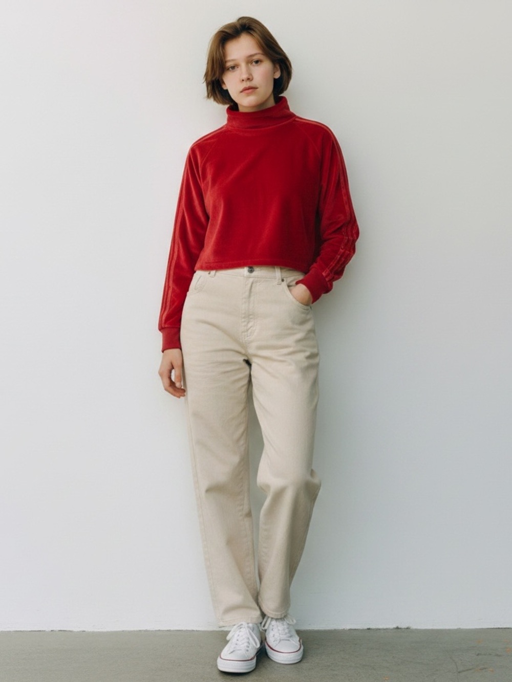 Adidas Women’s Small Red Velour Funnel Neck‎ Cropped Top Track Sport ID Sweater
